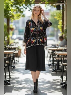 JOHNNY WAS Cabo Black Floral Boho Button Front Embroidered Peasant Blouse, M